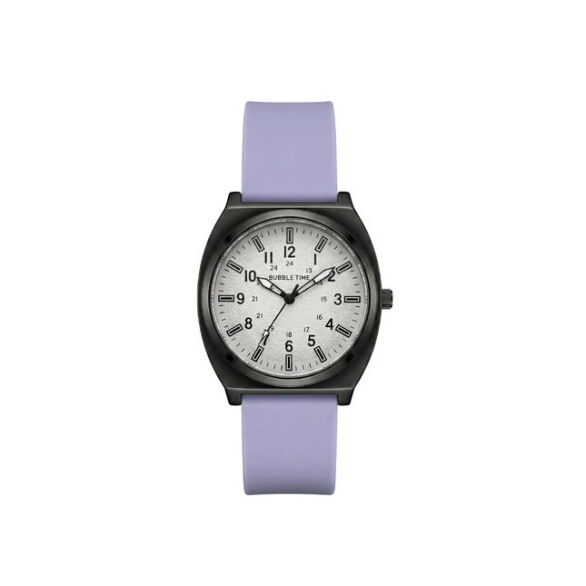 Watch with a black case and lavender strap on a white background
