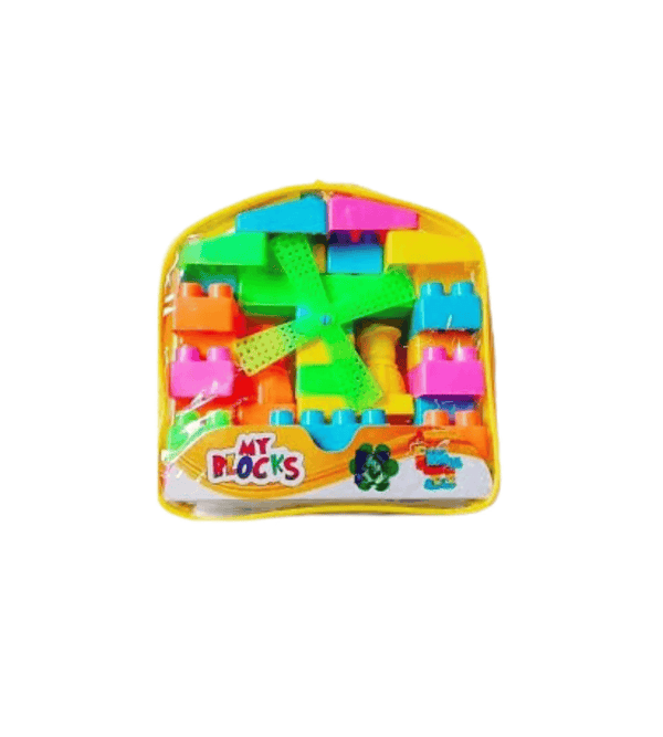 Colorful toy building blocks in a transparent bag with 'My Blocks' branding on a white background.