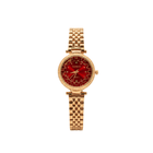 Rose gold watch with a red face on a white background