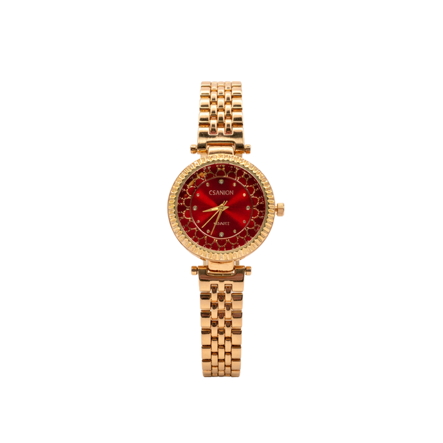 Rose gold watch with a red face on a white background