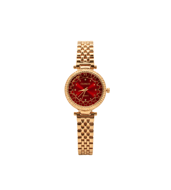 Rose gold watch with a red face on a white background