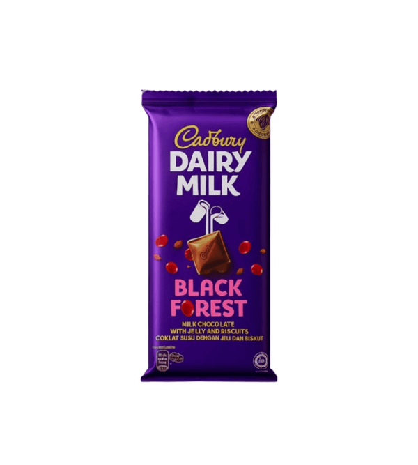 Cadbury Dairy Milk Black Forest chocolate bar packaging on a white background