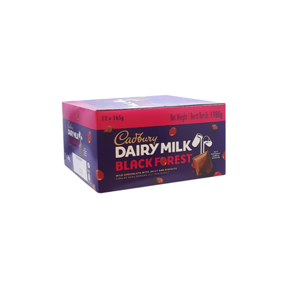 Box of Cadbury Dairy Milk Black Forest chocolate bars on a white background