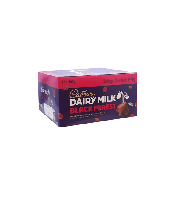 Box of Cadbury Dairy Milk Black Forest chocolate bars on a white background