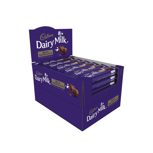 Box of Cadbury Dairy Milk chocolate bars on a white background