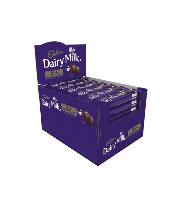 Box of Cadbury Dairy Milk chocolate bars on a white background