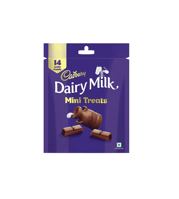 Cadbury Dairy Milk Mini Treats packaging on a white background