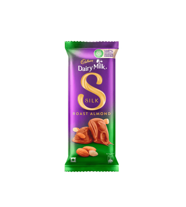 Cadbury Dairy Milk Silk Roast Almond chocolate bar packaging on a white background