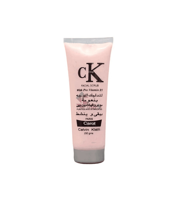 Pink facial scrub tube with Calvin Klein branding on a white background