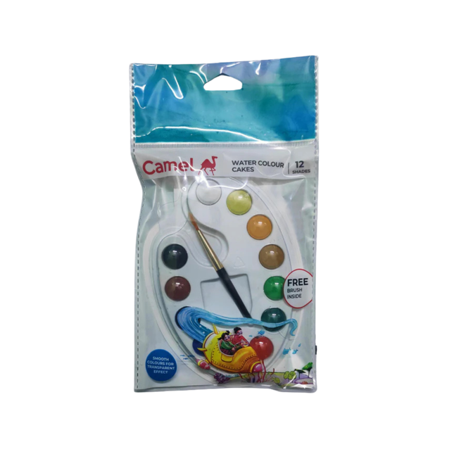 Packaged watercolor set with paint cakes and a brush, featuring the Camel brand.