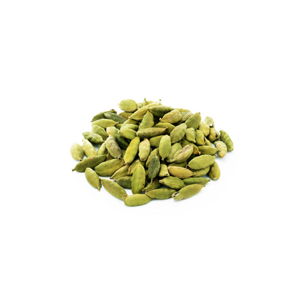 Green cardamom pods on a white background