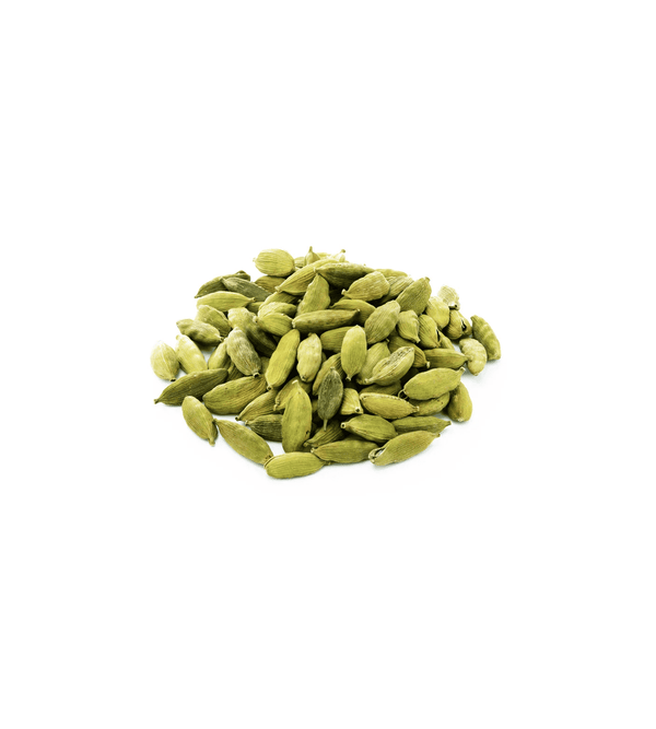Green cardamom pods on a white background