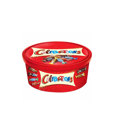 Red container of Celebrations candy bars on a white background