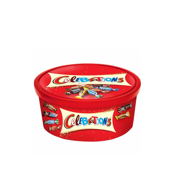 Red container of Celebrations candy bars on a white background