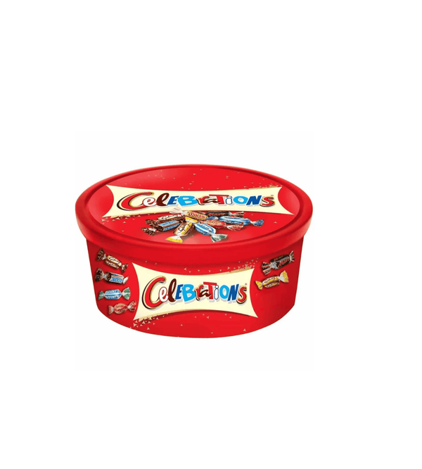 Red container of Celebrations candy bars on a white background