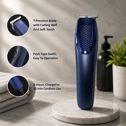 A blue electric beard trimmer standing on a round marble coaster in a bathroom-like setting, with three circular inset callouts showing close-up features and text about the T-precision blade, push-type switch, and 3-hour charge life.