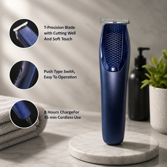 A blue electric beard trimmer standing on a round marble coaster in a bathroom-like setting, with three circular inset callouts showing close-up features and text about the T-precision blade, push-type switch, and 3-hour charge life.