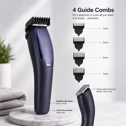 A cordless electric hair trimmer shown with four guide combs and feature callouts on a clean light gray background. The trimmer is dark navy blue with a textured purple-blue grip panel, and the guide combs are labeled 1mm, 3mm, 5mm, and 7mm.