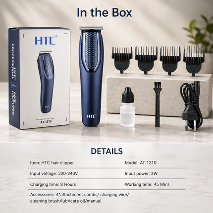 HTC AT-1210 professional hair clipper set shown with its retail box, clipper body, four black guide combs, charging cable, small bottle, cleaning brush, and manual on a light marble surface. Text at the top reads 'In the Box' and a details table appears at the bottom.