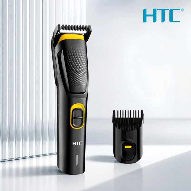 Black and yellow HTC cordless hair trimmer with a matching clipper guide, displayed on a clean white background with a vertical slatted panel on the left.
