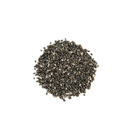Pile of chia seeds on a white background