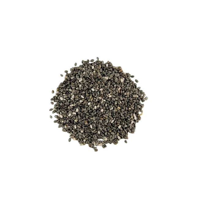 Pile of chia seeds on a white background