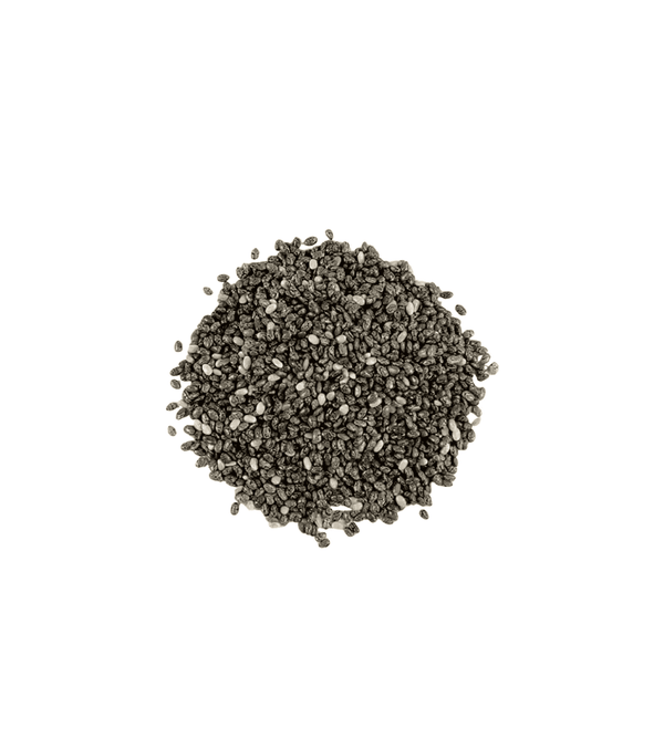 Pile of chia seeds on a white background