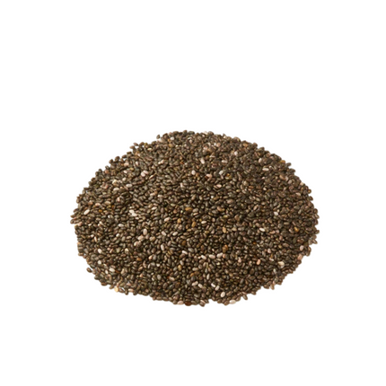 Pile of chia seeds on a white background