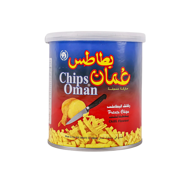 Can of Chips Oman with red and blue label on a white background