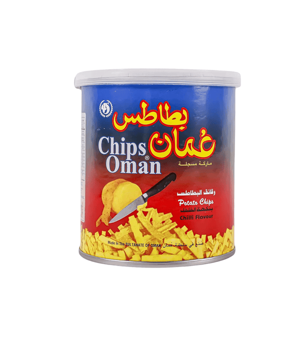 Can of Chips Oman with red and blue label on a white background