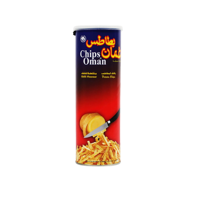 Can of Chips Oman with red and blue design on a white background