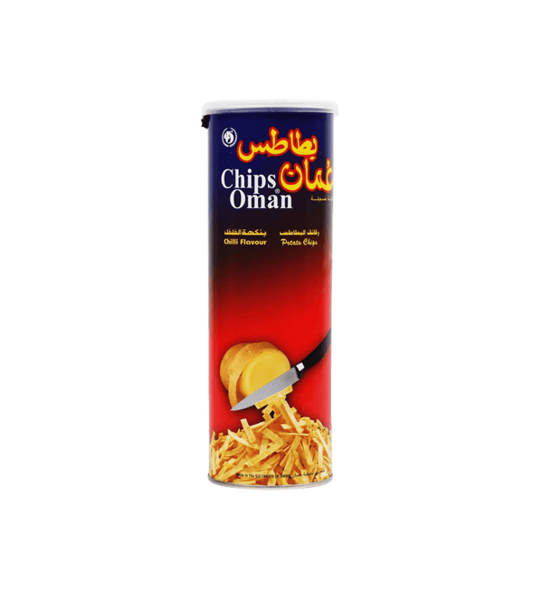Can of Chips Oman with red and blue design on a white background