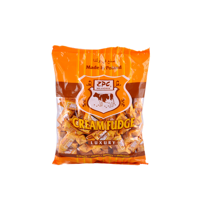 Packaged cream fudge with ZPC logo on an orange background