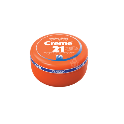 Orange jar of Creme 21 cream on a white background