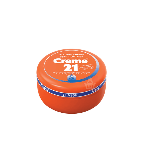 Orange jar of Creme 21 cream on a white background