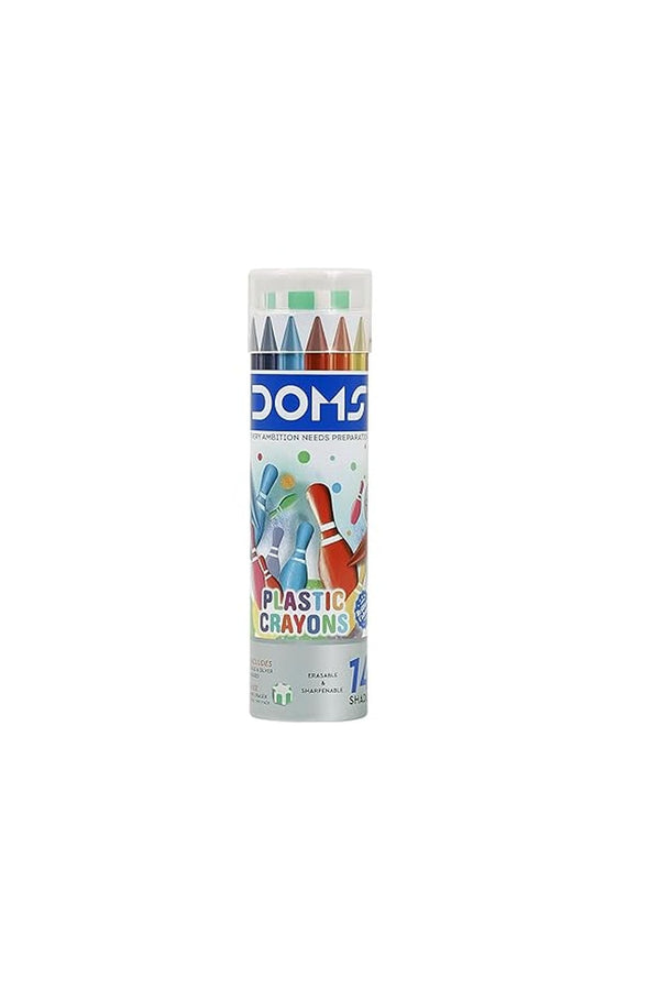 Tube of Doms plastic crayons on a white background