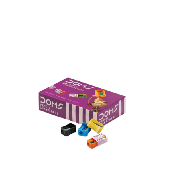 Box of DOMS pencil sharpeners on a white background