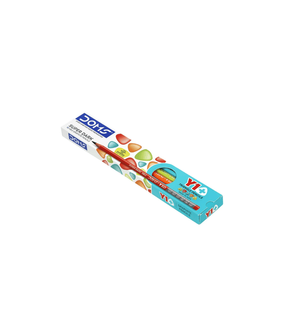 Box of colored pencils with Y1+ branding on a white background