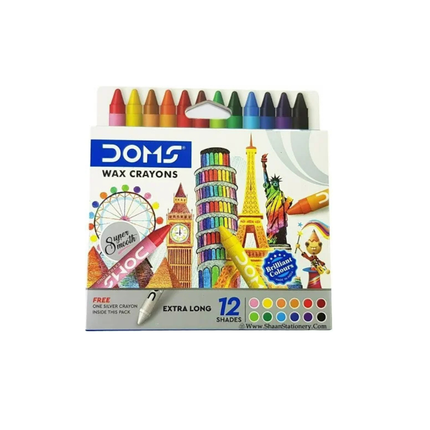 Pack of DOMS wax crayons with colorful illustrations on a white background