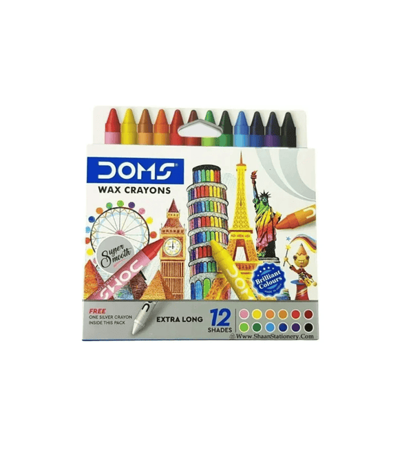 Pack of DOMS wax crayons with colorful illustrations on a white background