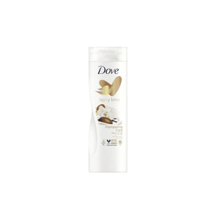 Dove body lotion with pampering care design on a white background