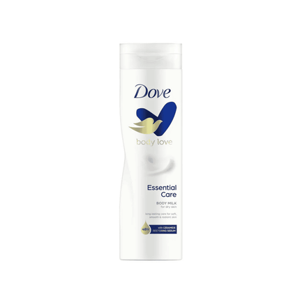 Dove Essential Care body milk bottle on a white background