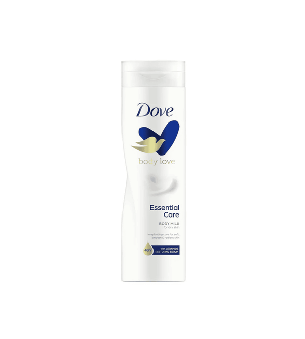 Dove Essential Care body milk bottle on a white background