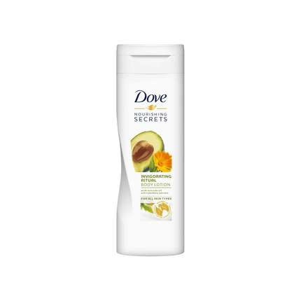 Dove body lotion bottle with avocado and mango ingredients on a white background