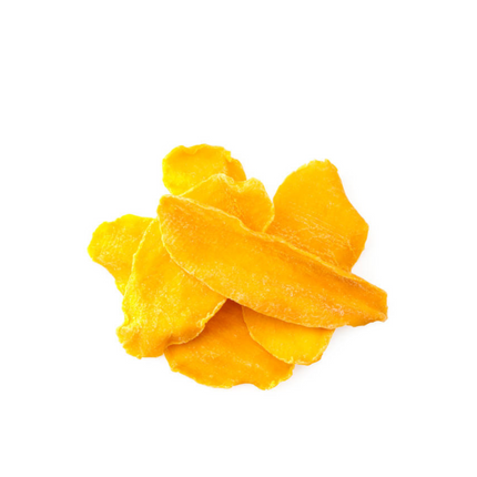 Yellow dried mango slices on a white background