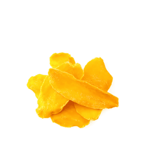 Yellow dried mango slices on a white background