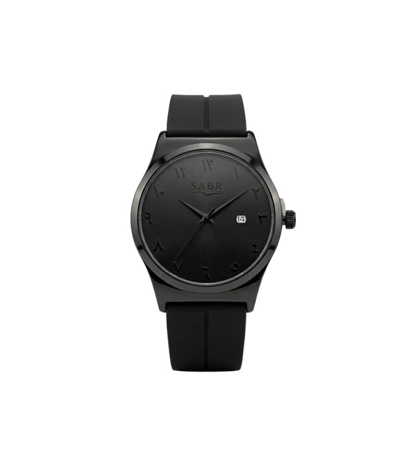 Black watch with a black strap on a white background