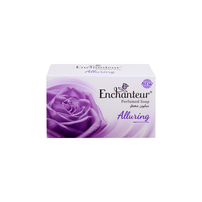 Enchanteur Alluring Perfumed Soap packaging with a purple rose on a white background