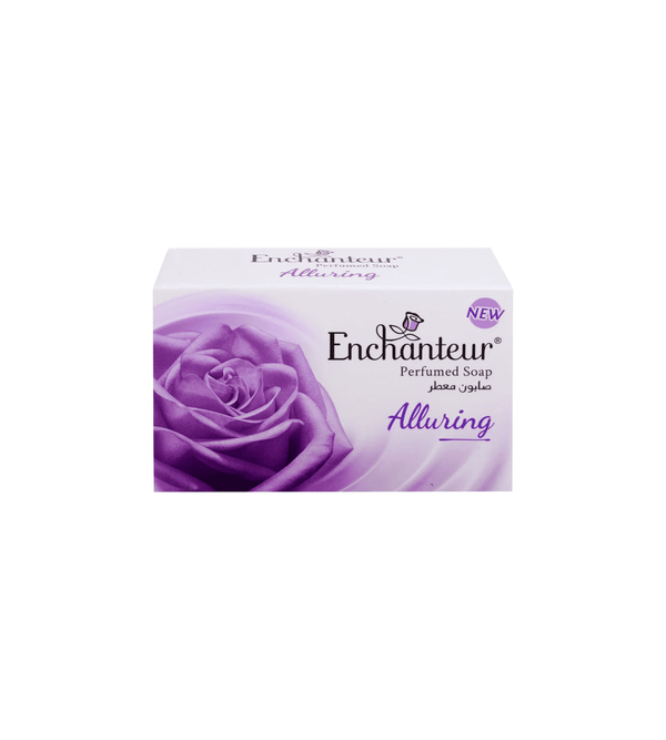 Enchanteur Alluring Perfumed Soap packaging with a purple rose on a white background