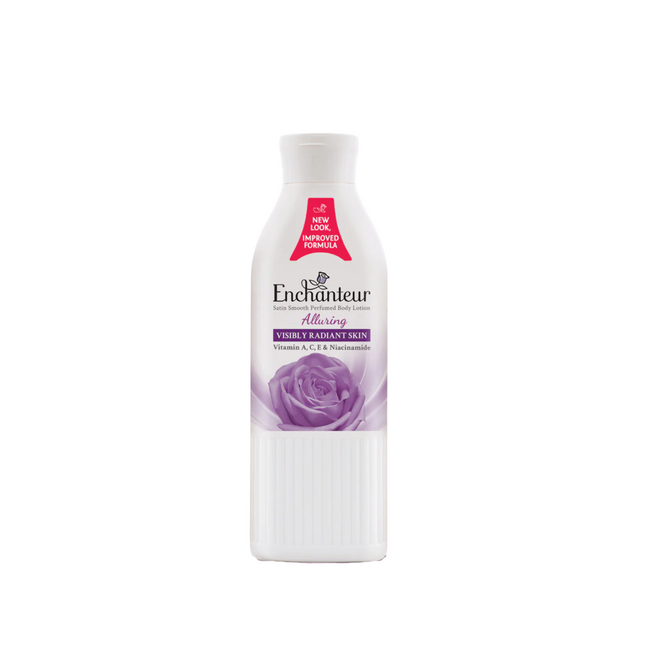 Enchanteur bottle with purple flower design on a white background